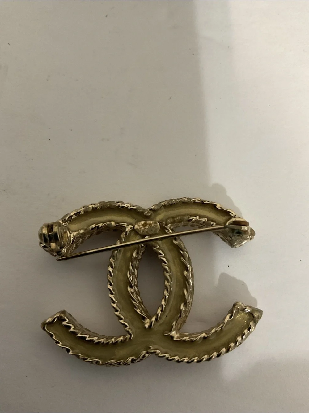 CHANEL Gold Tone Crystal CC Logo Brooch Vintage
